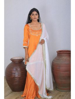 Tanoti - Women's Orange Baha Embroidered Short Kurti with Palazzo and Dupatta (Set of 3)