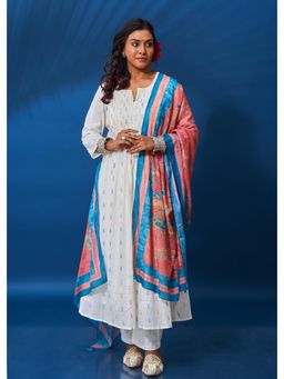 Tanoti - Women's Off White Phool Cotton Anarkali Kurta and Palazzo with Dupatta (Set of 3)