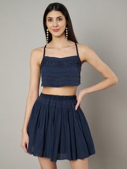 AMAGYAA - Navy Schiffli Crop Top with Mini Skirt (Set of 2)