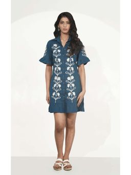 Galocher Clothing - Blue Dori Embroidered Ruffle Shirt Style Dress