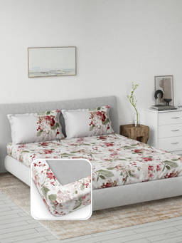 Ddecor Live Beautiful - Cotton Floral 145 TC King Fitted Bedsheet with 2 Pillow Covers - Red (King)