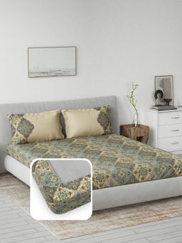 Ddecor Live Beautiful - Cotton Ethnic 145 TC King Fitted Bedsheet with 2 Pillow Covers - Blue (King)