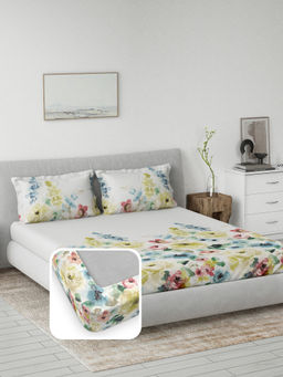 Ddecor Live Beautiful - Cotton Floral 145 TC King Fitted Bedsheet with 2 Pillow Covers - White (King)