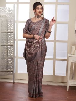 Akhilam - Women's Pashmina Silk Grey Digital Print Designer Saree with Unstitched Blouse