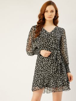 ANVI Be Yourself - Women Beautiful Black Printed Ruffled Dress (Set of 2)