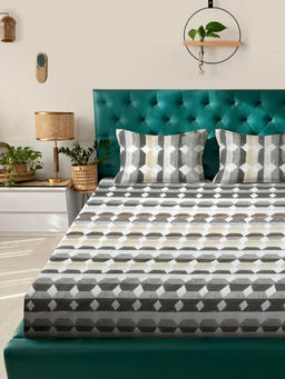 Rosara Home - Grey Geometric 144 Tc Bedsheet with Pillow Covers