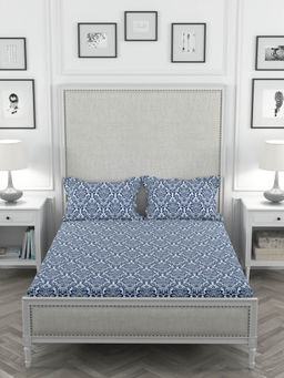 Rosara Home - Navy Blue Floral 200 Tc Bedsheet with Pillow Covers