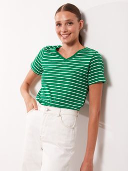 LC WAIKIKI - V Neck Striped Short Sleeve Women T-Shirt