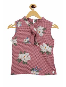 TINY GIRL - Sleeveless Floral Printed Front Tie Up Designed Top - Onion Pink