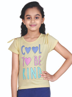 TINY GIRL - Short Sleeves Heart Printed Shoulder Tie Up Top - Lemon