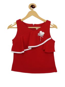 TINY GIRL - Girl Solid Regular Applique and Ruffles Top - Red