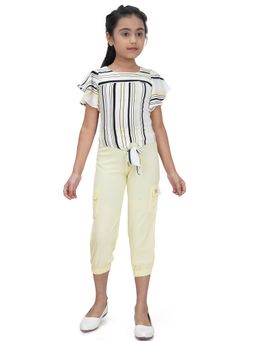 TINY GIRL - Flutter Half Sleeves Balance Striped Front Knot Tie Up Top - Multi-Color