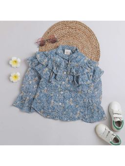 TINY GIRL - Floral Printed Bell Sleeves Ruffles Shirt Style Top -Blue