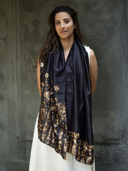 The India Craft House - Black Printed Silk Stole