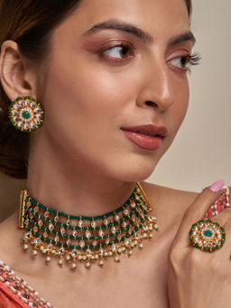 Azai by Nykaa Fashion - Sequined Green & Gold Kundan Choker Necklace Earrings and Ring Set of 3