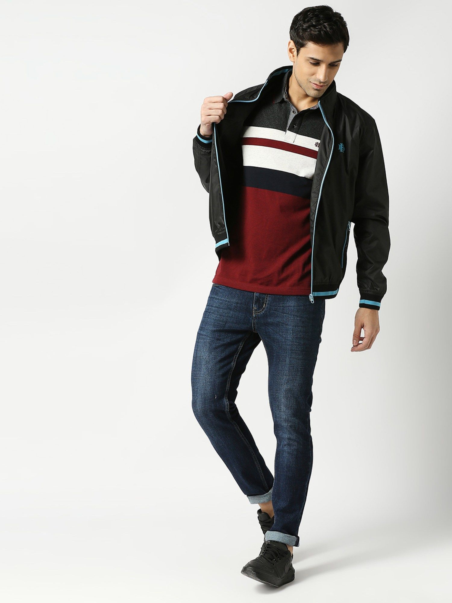 Buy Dragon Hill Full Sleeves Black Bomber Jacket With Blue Trim Online