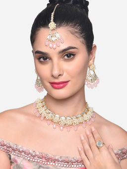 Zaveri Pearls - Pink Kundan Cluster Necklace Earring Maang Tikka Ring Set - ZPFK16232