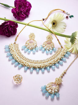 Zaveri Pearls - Turquoise Blue Kundan Necklace Earring Maang Tikka Ring Set - ZPFK16233