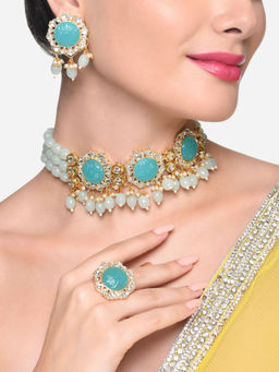 Zaveri Pearls - Blue Stones Beads Kundan Choker Necklace Earring Ring Set - ZPFK16235