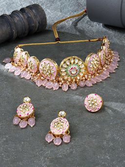 Zaveri Pearls - Pink Green Meenakari Kundan Necklace Earring Ring Set - ZPFK16237