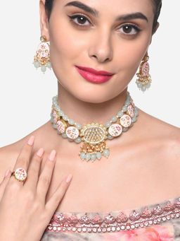 Zaveri Pearls - Pink Meenakari Green Kundan Choker Necklace Earring Ring Set - ZPFK16238