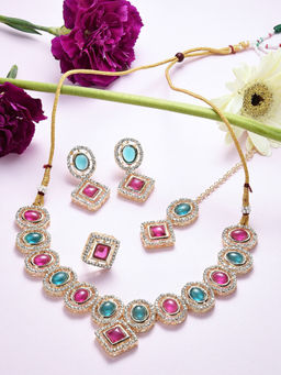 Zaveri Pearls - Multi-Color AD Choker Necklace Earring Maang Tikka Ring Set - ZPFK16246