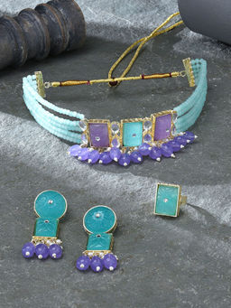 Zaveri Pearls - Purple Turquoise Blue Beaded Choker Necklace Earring Ring Set - ZPFK16248