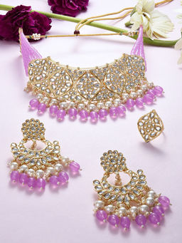 Zaveri Pearls - Purple Crystal Kundan Bib Necklace Earring & Ring Set - ZPFK16365