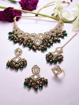 Zaveri Pearls - Multi Stone Beads Choker Necklace Earring Maang Tikka Ring Set - ZPFK16383