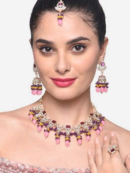 Zaveri Pearls - Multi Stone Beads Choker Necklace Earring Maang Tikka Ring Set - ZPFK16384