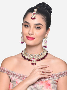 Zaveri Pearls - Wine Stone Beads Choker Necklace Earring Maang Tikka Ring Set - ZPFK16385
