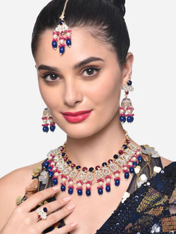 Zaveri Pearls - Blue Pink Beads Choker Necklace Earring Maang Tikka Ring Set - ZPFK16386