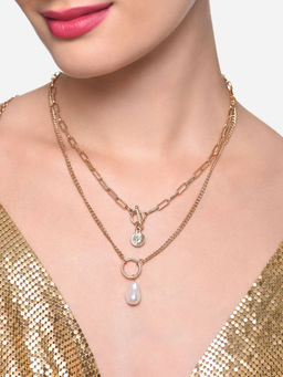 Zaveri Pearls - Gold Tone 2 Layers Baroque Pearl Drop Necklace & Chain - ZPFK16390