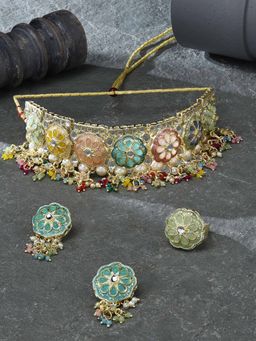 Zaveri Pearls - Multi Meenakari Kundan Beads Choker Necklace Earring Ring Set - ZPFK16399