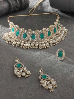 Zaveri Pearls - Green Stones Beads Drop Choker Necklace Earring & Ring Set - ZPFK16401