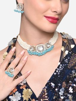 Zaveri Pearls - Turquoise Blue Cluster Stone Choker Necklace Earring Ring Set - ZPFK16403