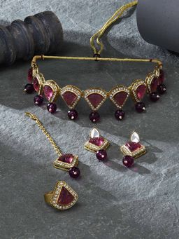 Zaveri Pearls - Wine Stones Beads Choker Necklace Earring Ring Maang Tikka Set - ZPFK16405