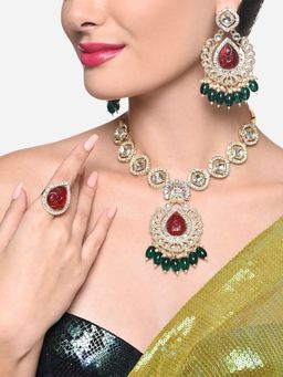 Zaveri Pearls - Green Red AD Beads Bid Ethnic Necklace Earring & Ring Set - ZPFK16406