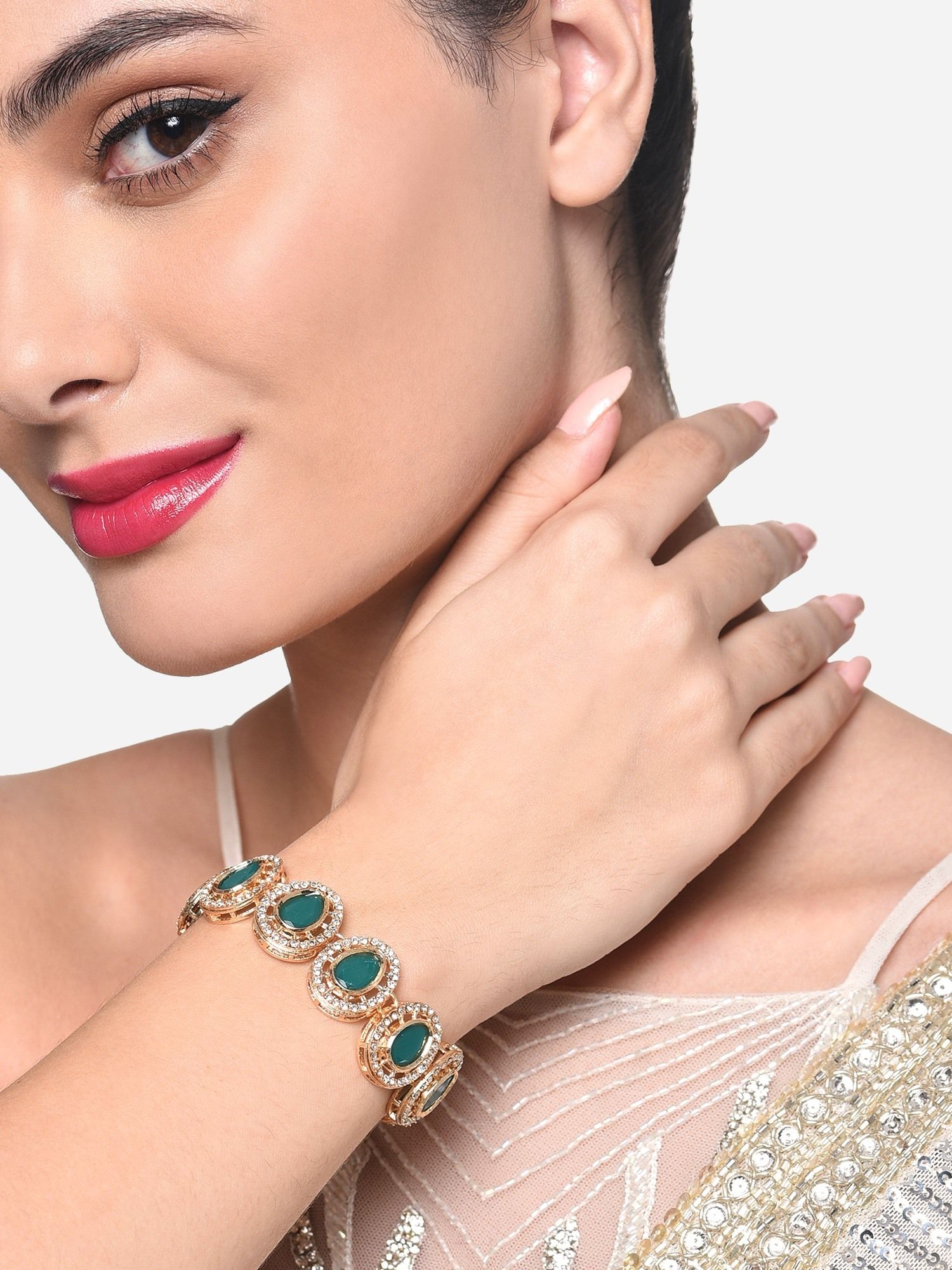 Buy Zaveri Pearls Green Stones & Dazzling Austrian Diamond Ethnic