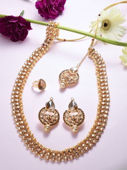 Zaveri Pearls - Gold Sparkling AD Bridal Necklace Earring Maang Tikka Ring Set - ZPFK16414