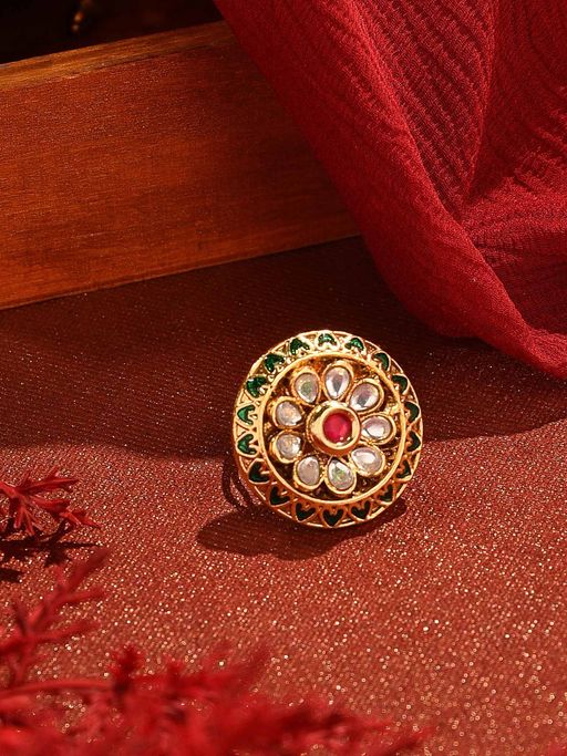 Zaveri Pearls Green & Pink Kundan Meenakari Ethnic Adjustable Finger Ring - ZPFK16477