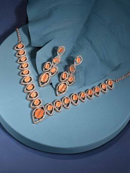 Zaveri Pearls - Peach CZ Designer Brass Contemporary Necklace & Earring Set - ZPFK16482