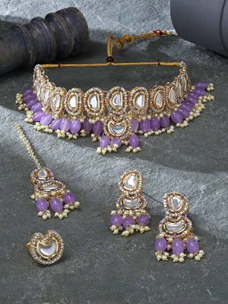 Zaveri Pearls - Purple Stones Choker Necklace Earring Maang Tikka Ring Set - ZPFK16490