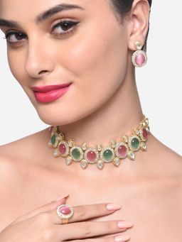 Zaveri Pearls - Green Pink Stones Kundan Choker Necklace Earring Ring Set - ZPFK16491