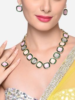 Zaveri Pearls - Multi-Color Artificial Stones Long Necklace Earring & Ring Set - ZPFK16495
