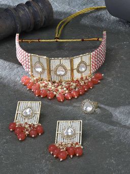 Zaveri Pearls - Orange White Multistrand Choker Necklace Earring Ring Set - ZPFK16500