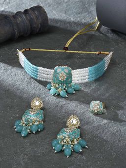 Zaveri Pearls - Turquoise Blue Enamel Kundan Choker Necklace Earring Ring Set - ZPFK16504