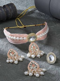 Zaveri Pearls - Peach Kundan Cluster Choker Necklace Earring & Ring Set - ZPFK16505