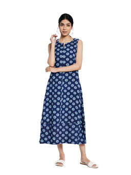 Fabindia - Linen Dabu Printed Dress- Blue