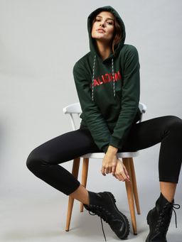 RIGO - Women Bottle Green Foil Print Hooded Sweatshirt